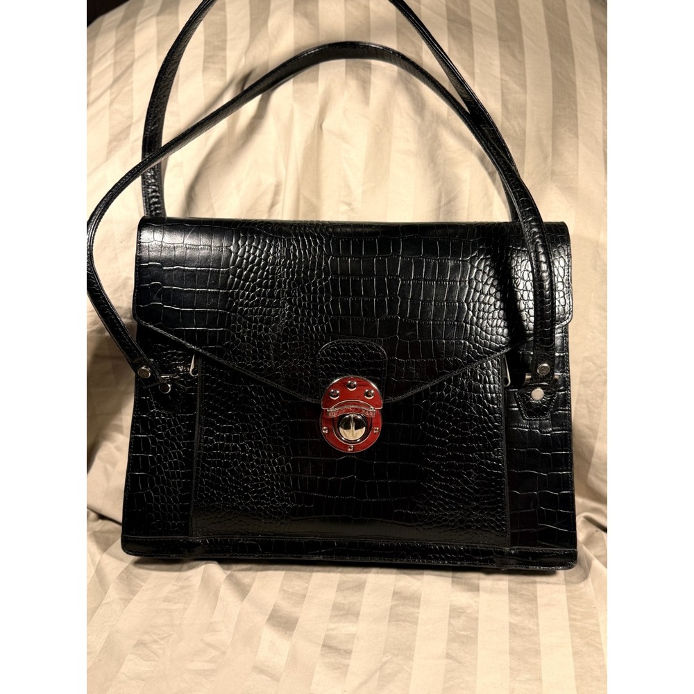 Olivia and Joy Black Faux Croc Embossed Shoulder Bag Push Lock Satchel Handbag